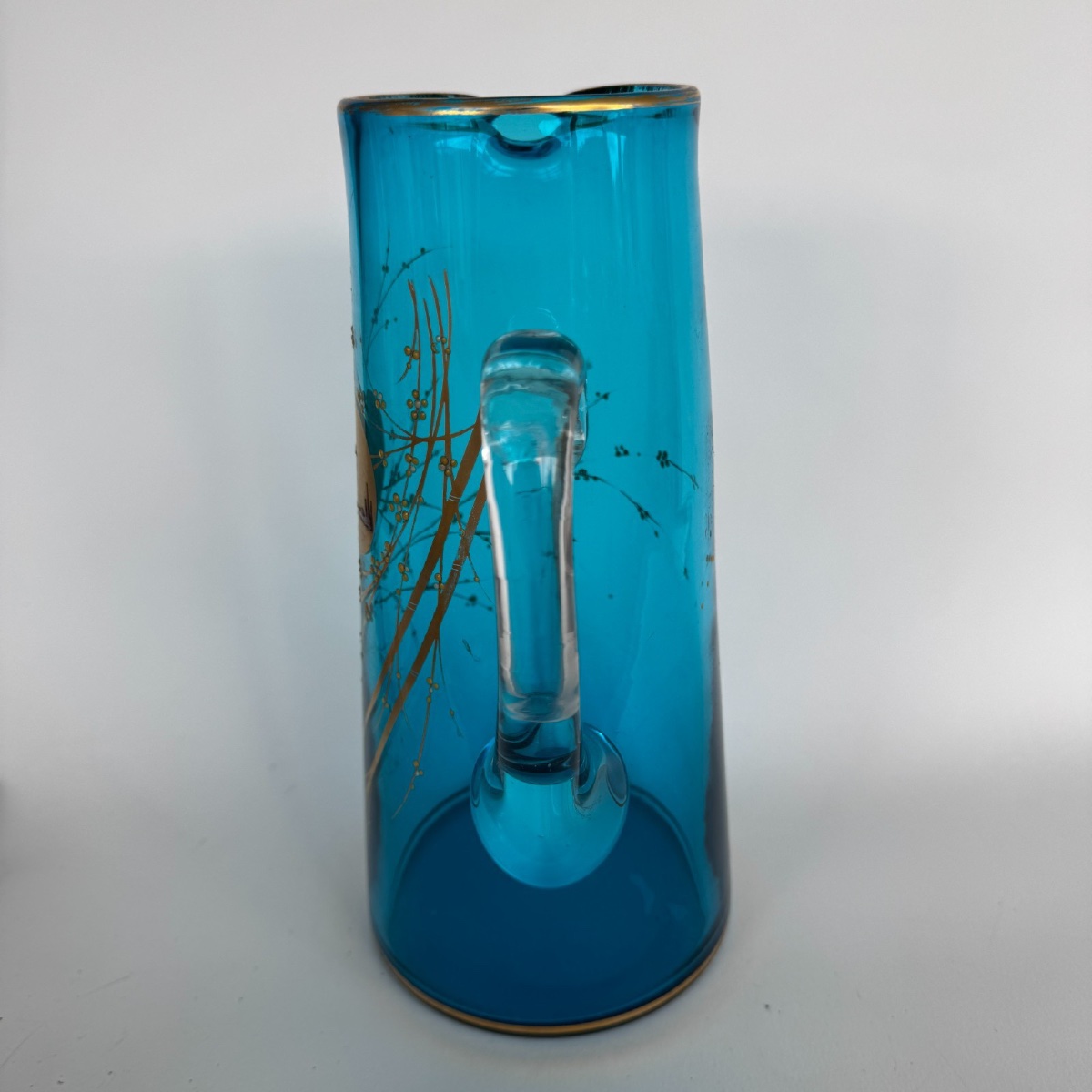 Pichet en verre émaillé bleu doré décor japonisant oiseau et branchages -photo-2