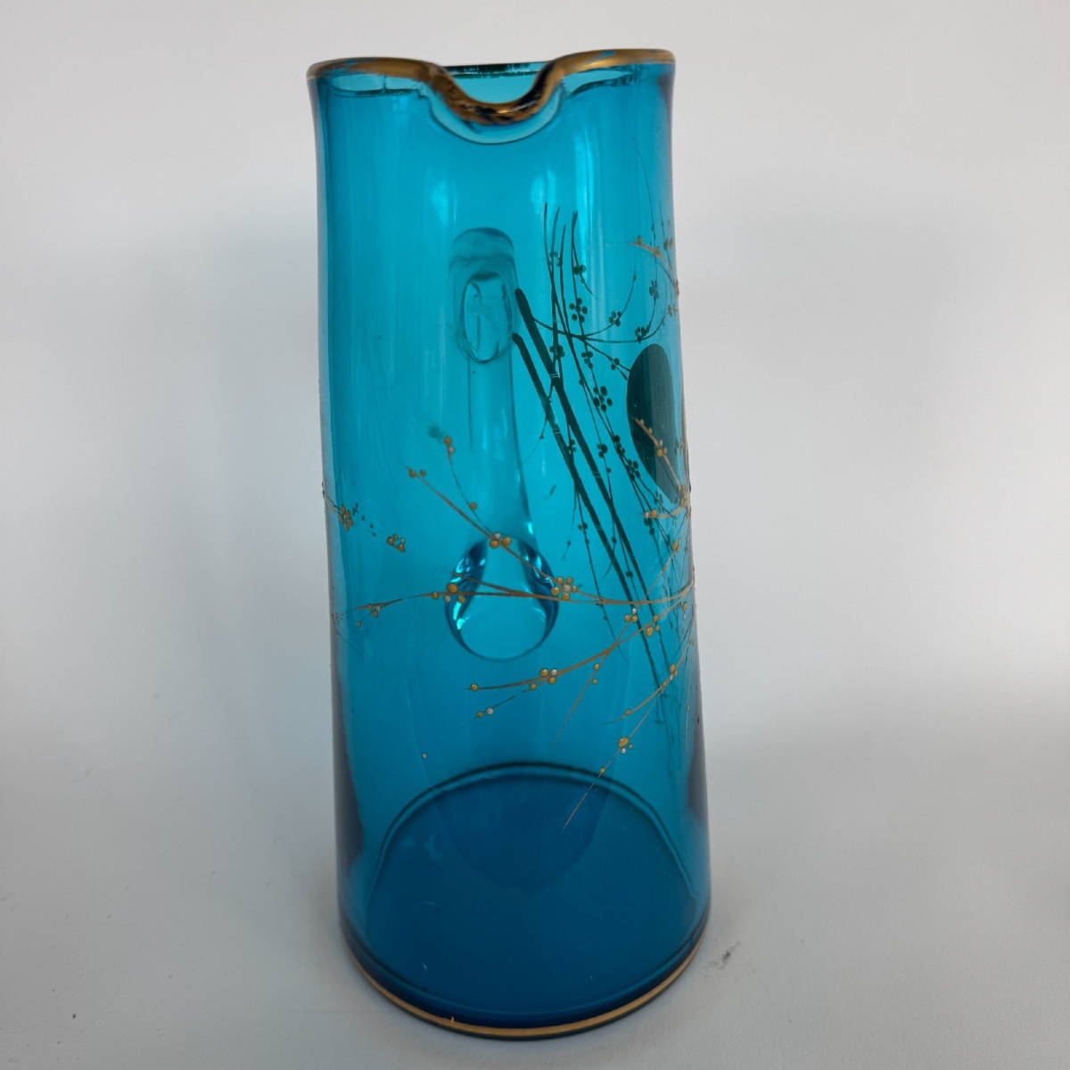 Pichet en verre émaillé bleu doré décor japonisant oiseau et branchages -photo-4