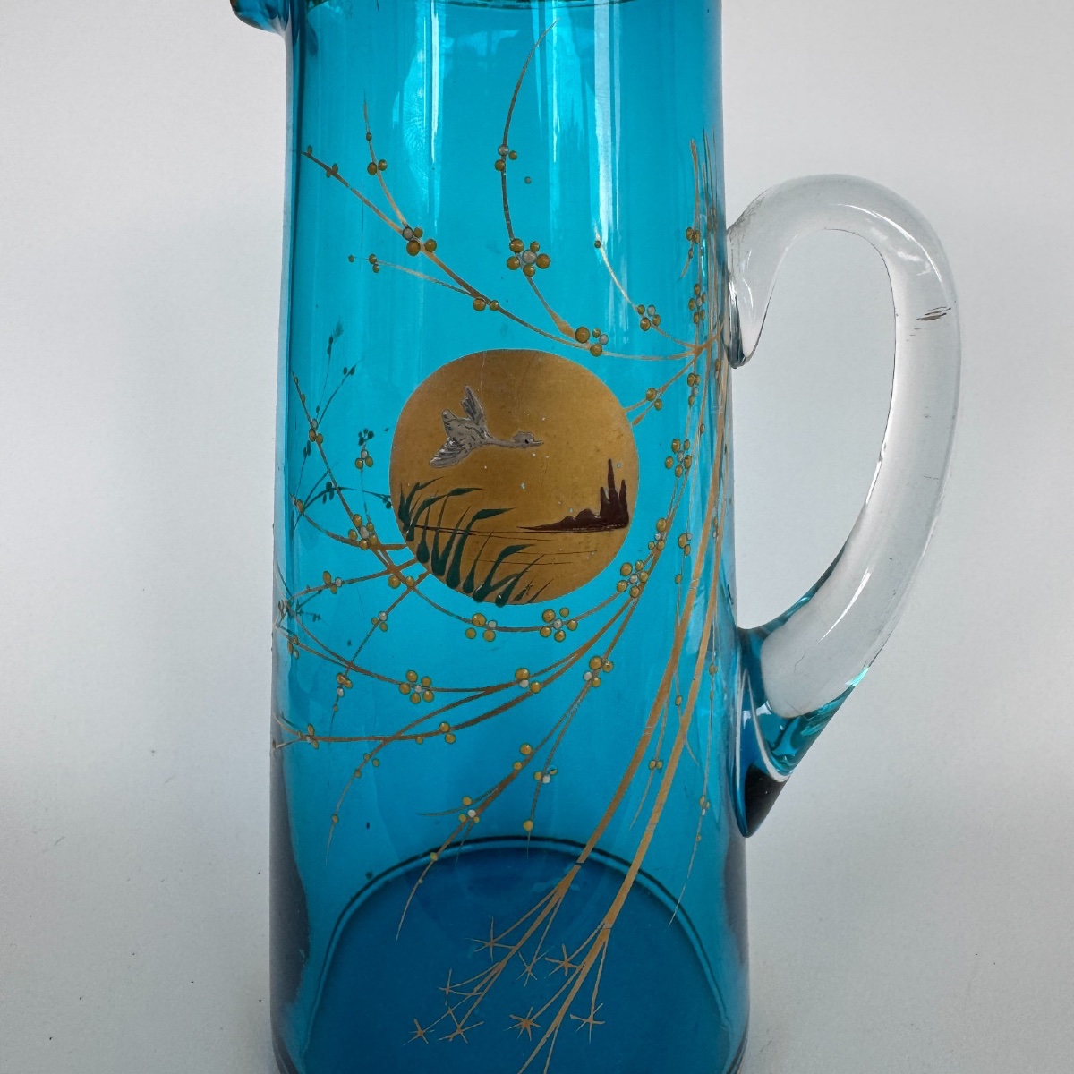 Pichet en verre émaillé bleu doré décor japonisant oiseau et branchages -photo-3