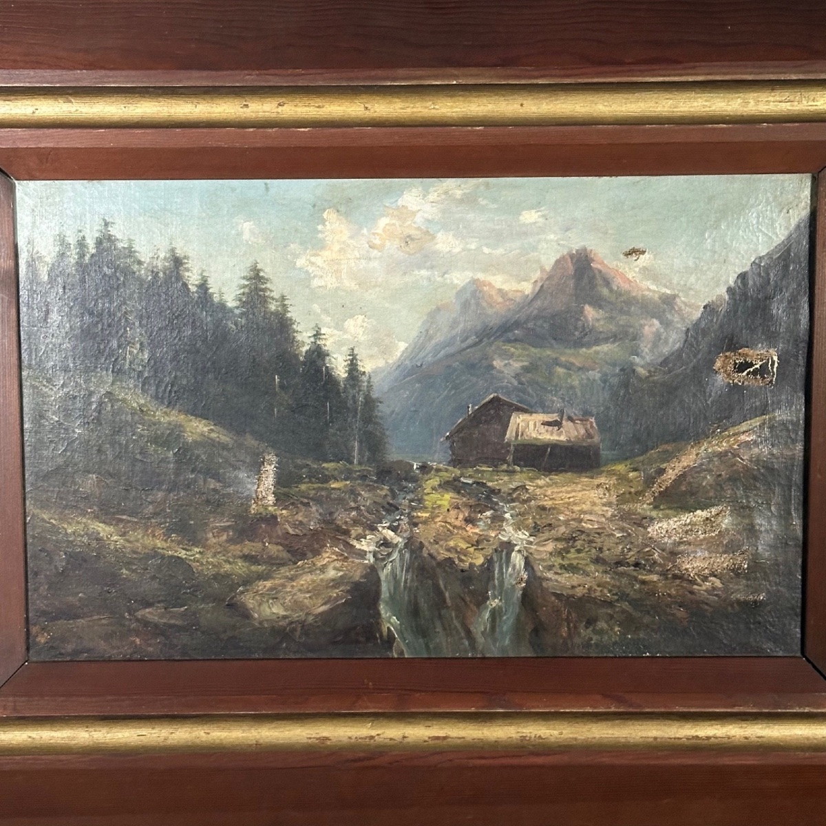 Huile sur toile paysage de montagne fin XIXe cadre en bois naturel -photo-3