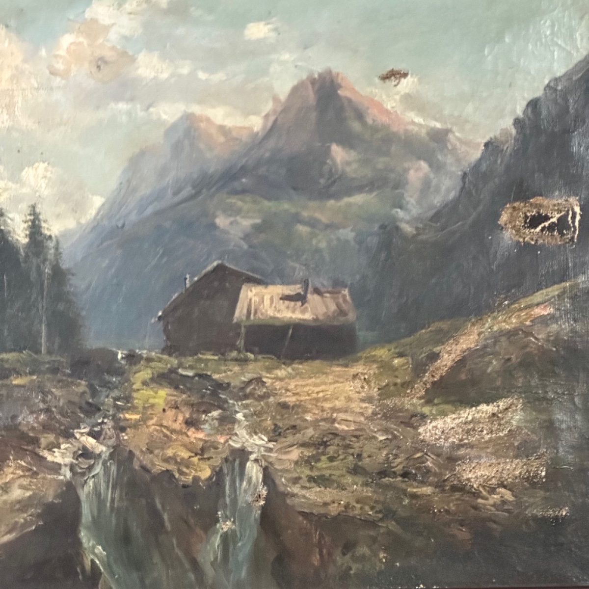 Huile sur toile paysage de montagne fin XIXe cadre en bois naturel -photo-4