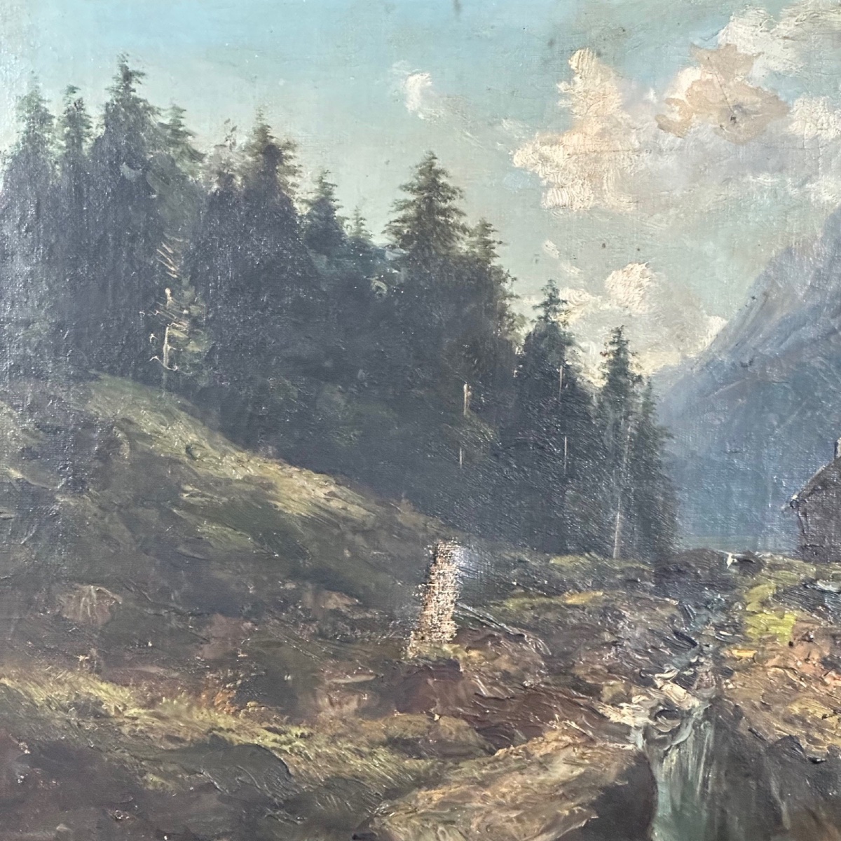 Huile sur toile paysage de montagne fin XIXe cadre en bois naturel -photo-2