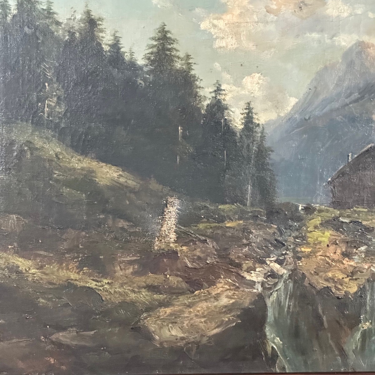 Huile sur toile paysage de montagne fin XIXe cadre en bois naturel -photo-3
