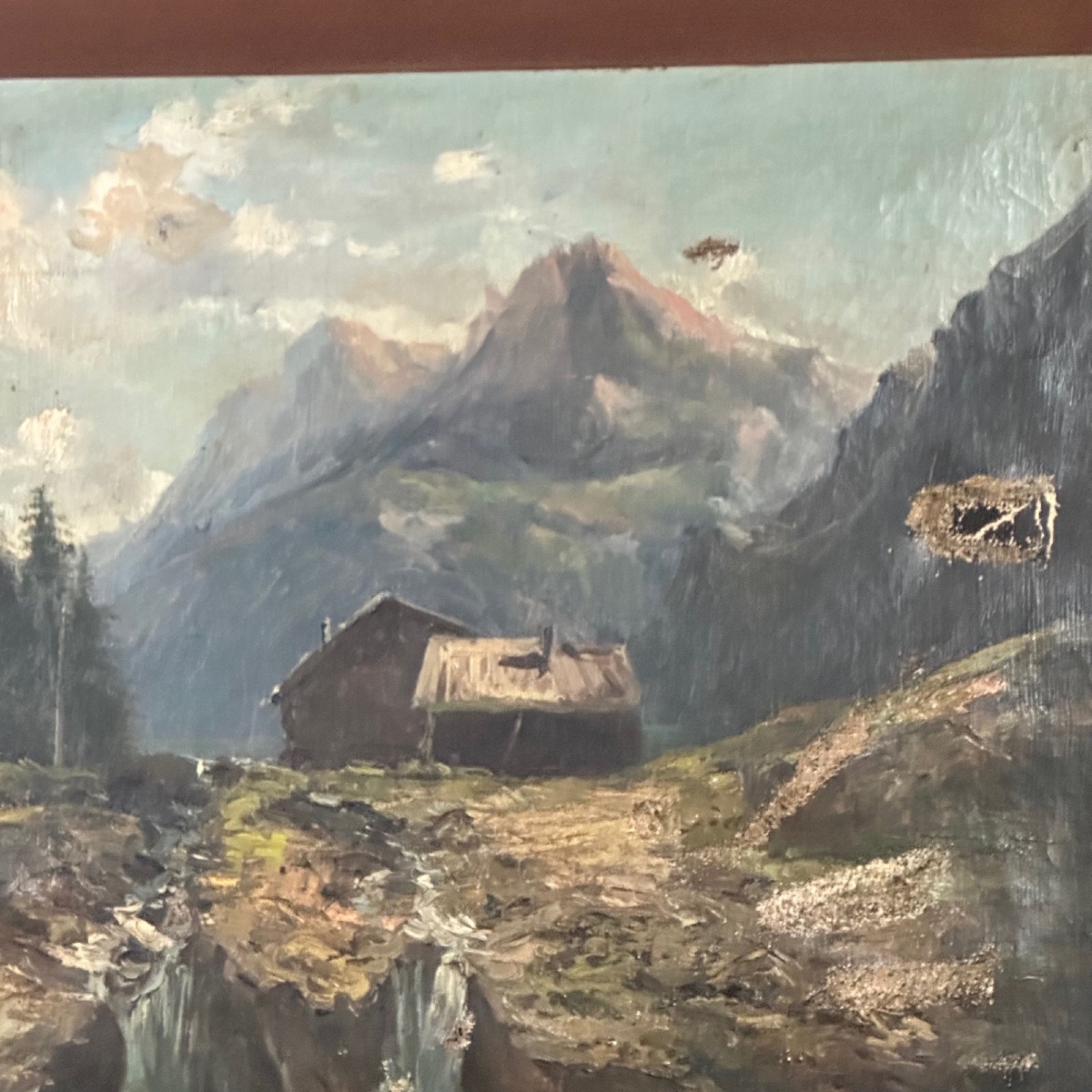 Huile sur toile paysage de montagne fin XIXe cadre en bois naturel -photo-4