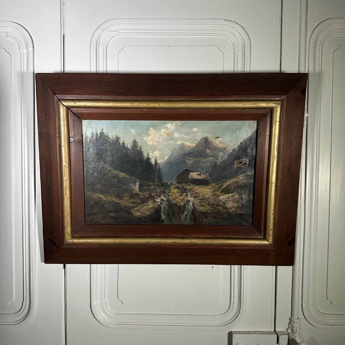 Huile sur toile paysage de montagne fin XIXe cadre en bois naturel 
