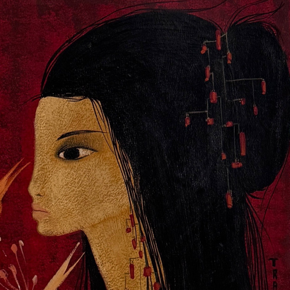 Acrylic On Paper Nude Girl With Peacock Heads By Tran Long 20th Century-photo-4