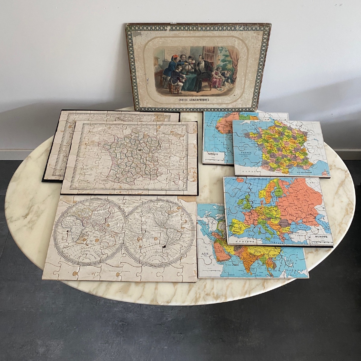 Boite puzzle cartes géographiques XIXe 
