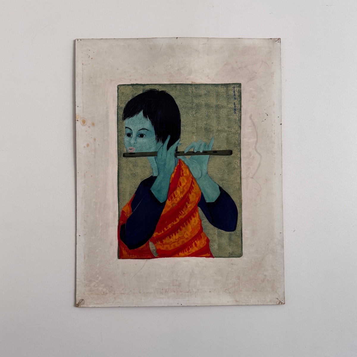 Acrylic On Paper Flute Player By Tran Long 20th Century-photo-2