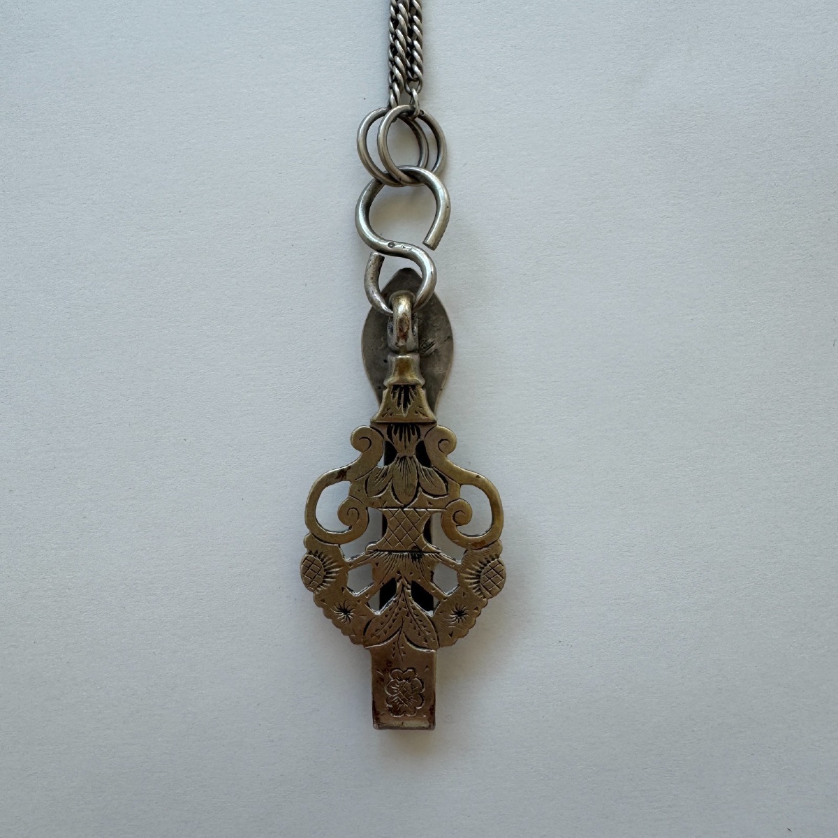 Antique Silver Chatelaine Hook With Openwork And Engraved Decoration