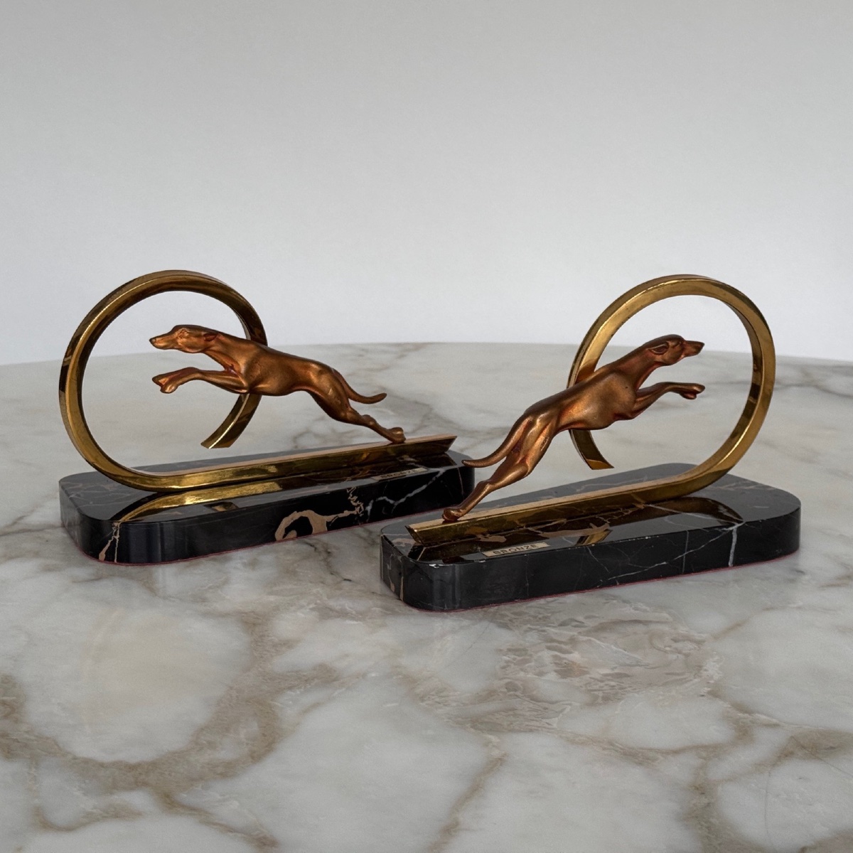 Pair Of Art Deco 1930 Bronze Bookends With Greyhound Design-photo-3