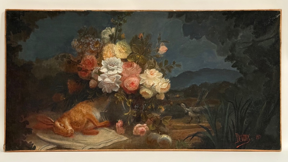 Huile sur toile par Devaux nature morte au lièvre et aux fleurs 1873 -photo-2