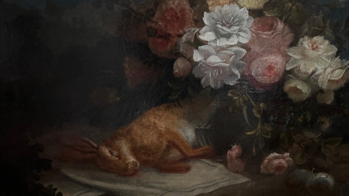 Huile sur toile par Devaux nature morte au lièvre et aux fleurs 1873 -photo-4