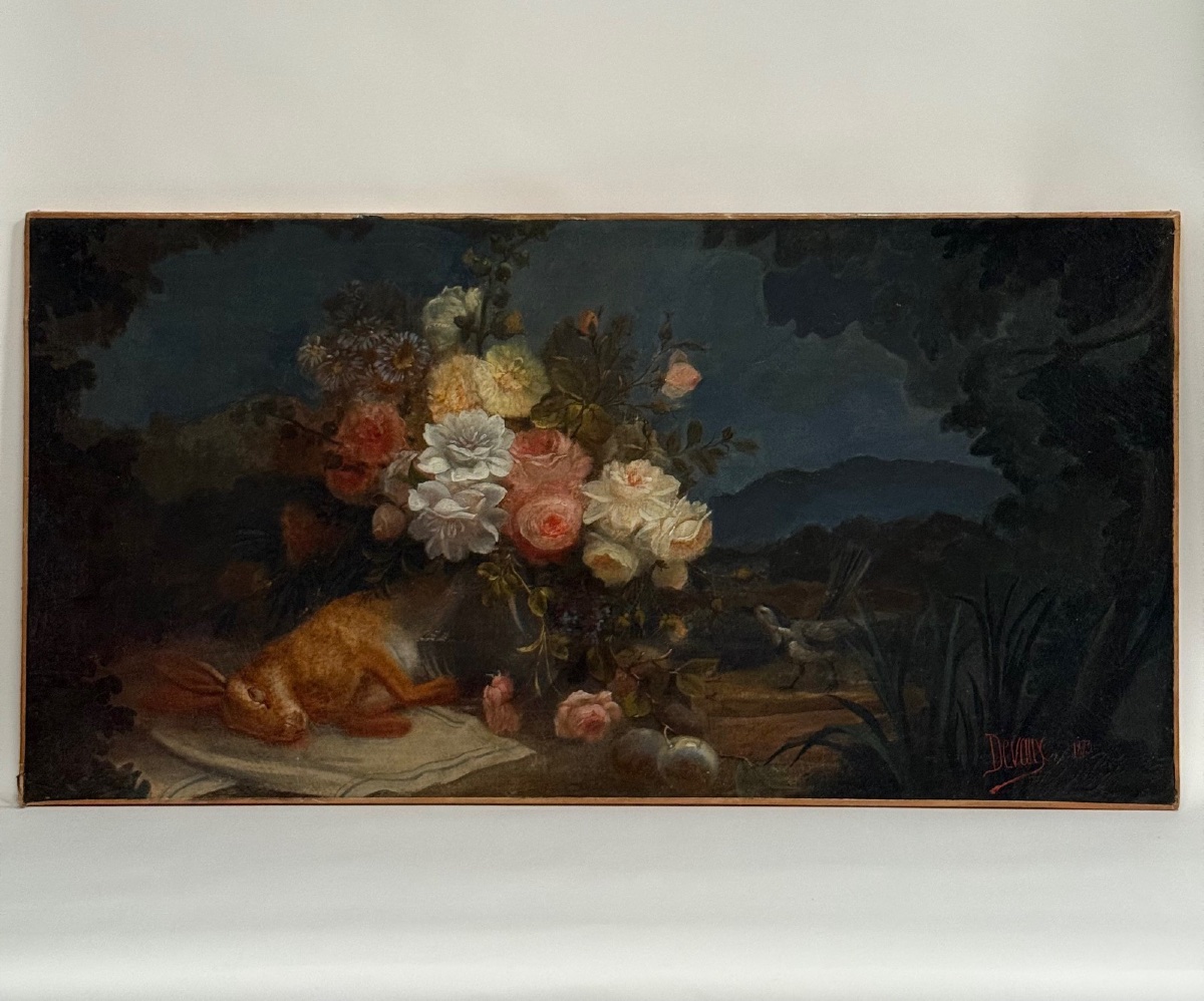 Huile sur toile par Devaux nature morte au lièvre et aux fleurs 1873 