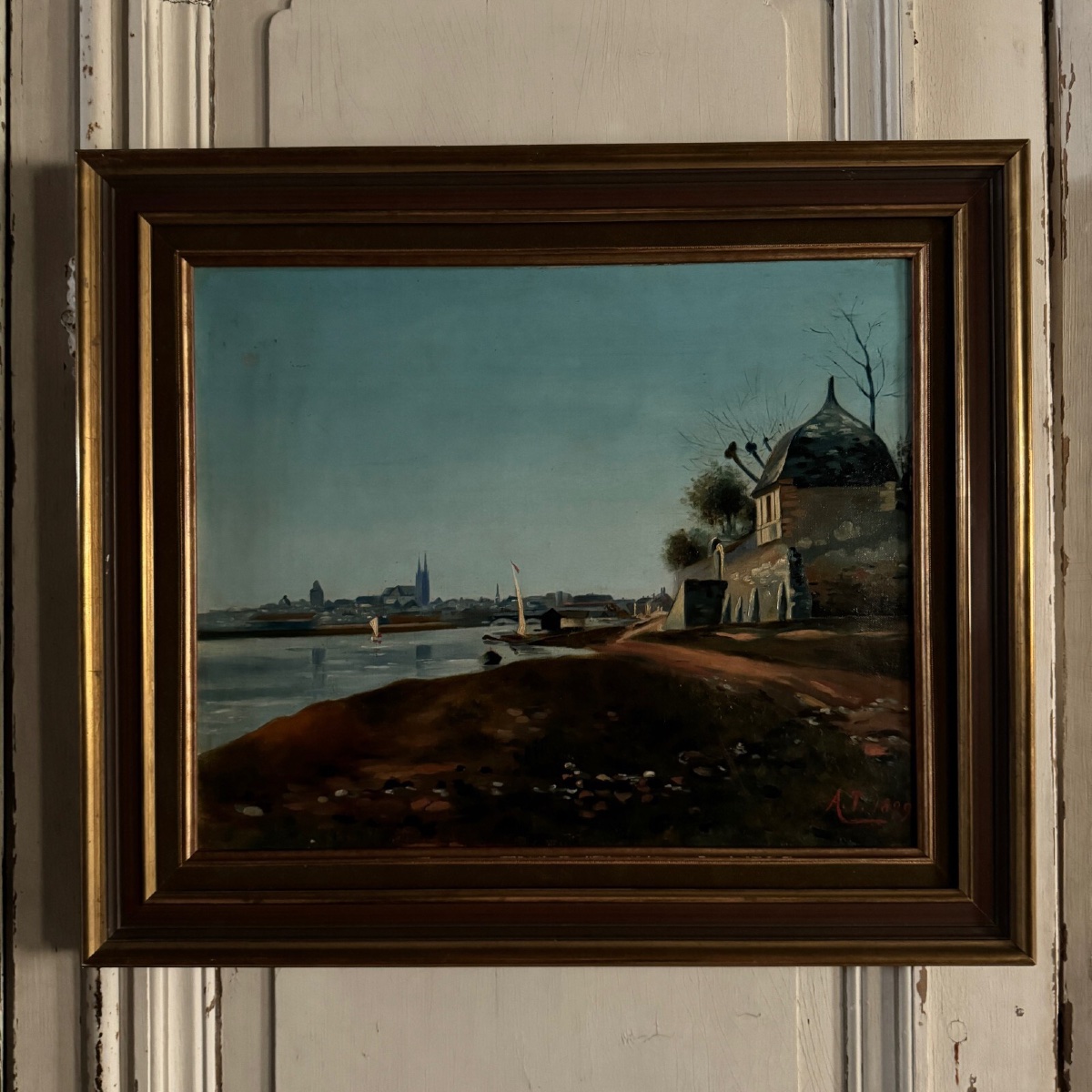 Huile sur toile bord de rivière fin XIXe monogramme AT -photo-2