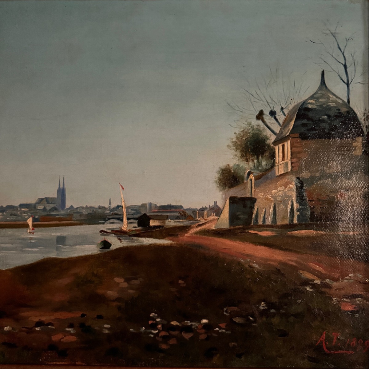 Huile sur toile bord de rivière fin XIXe monogramme AT -photo-4
