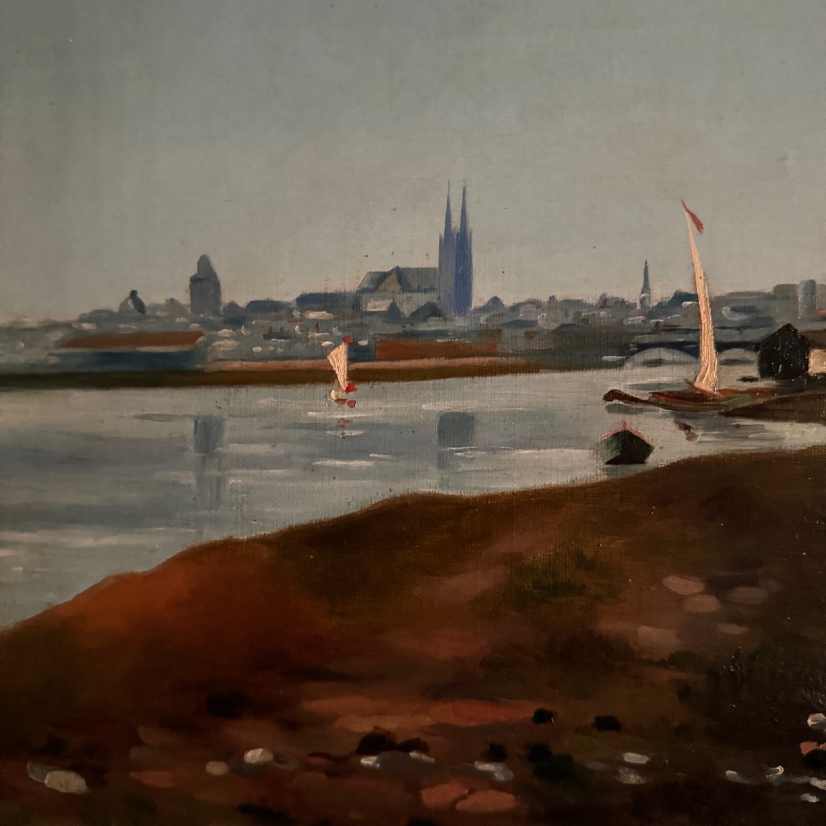 Huile sur toile bord de rivière fin XIXe monogramme AT -photo-3