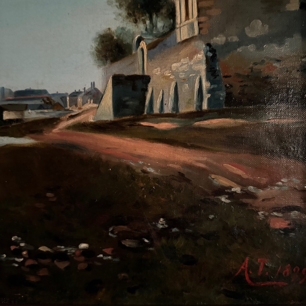 Huile sur toile bord de rivière fin XIXe monogramme AT -photo-4