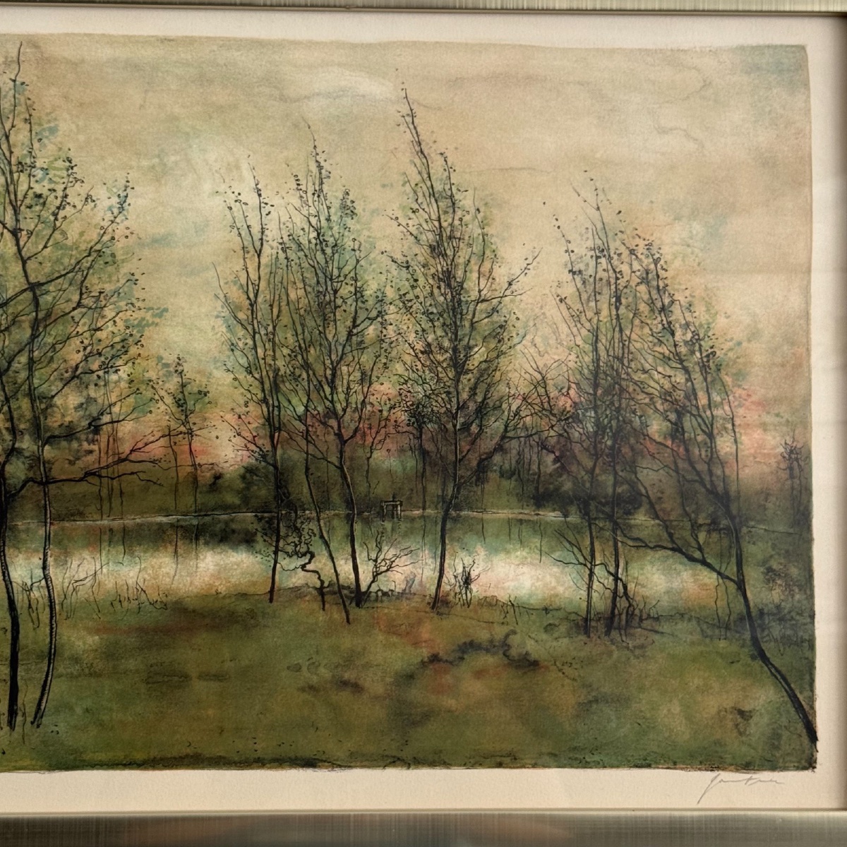 Lithographie encadrée signée Bernard Gantner EA 13/25 paysage d'étang-photo-2