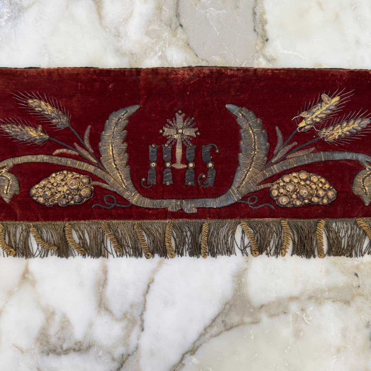 Antique Religious Valance In Red Velvet With Silver Thread Embroidery -photo-2
