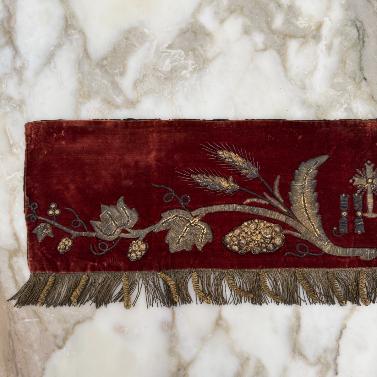Antique Religious Valance In Red Velvet With Silver Thread Embroidery -photo-3
