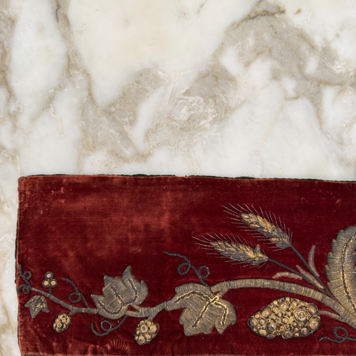 Antique Religious Valance In Red Velvet With Silver Thread Embroidery -photo-1