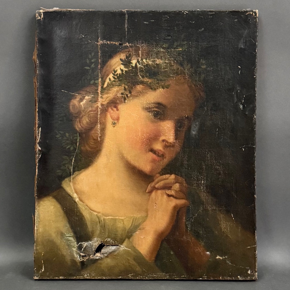 Huile sur toile portrait milieu du XIXe jeune fille en prière -photo-2