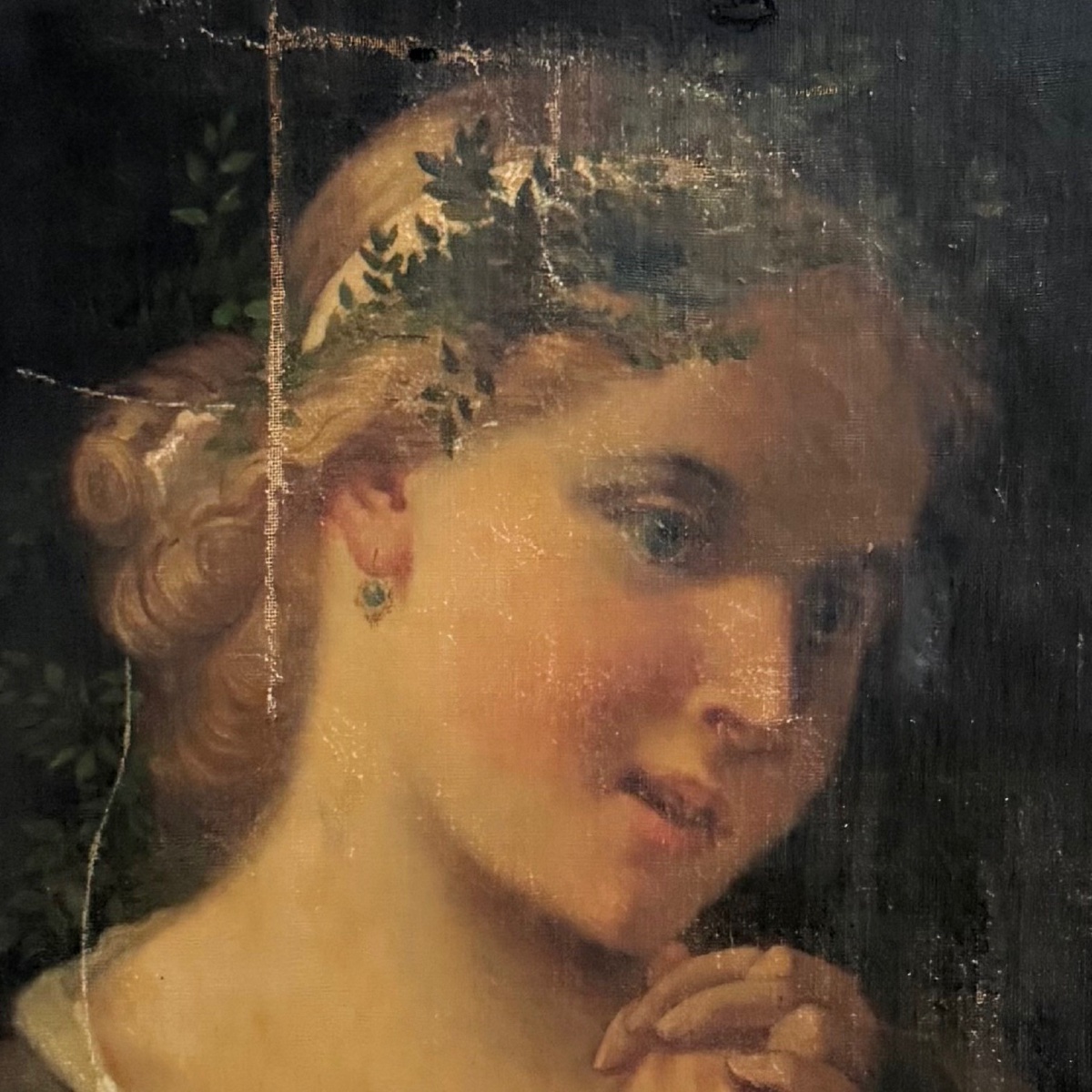 Huile sur toile portrait milieu du XIXe jeune fille en prière -photo-3