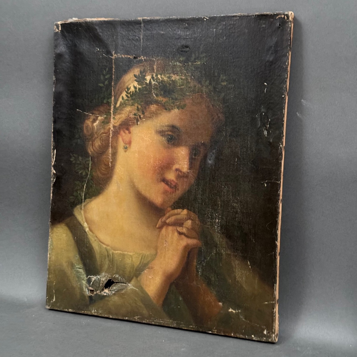 Huile sur toile portrait milieu du XIXe jeune fille en prière -photo-4