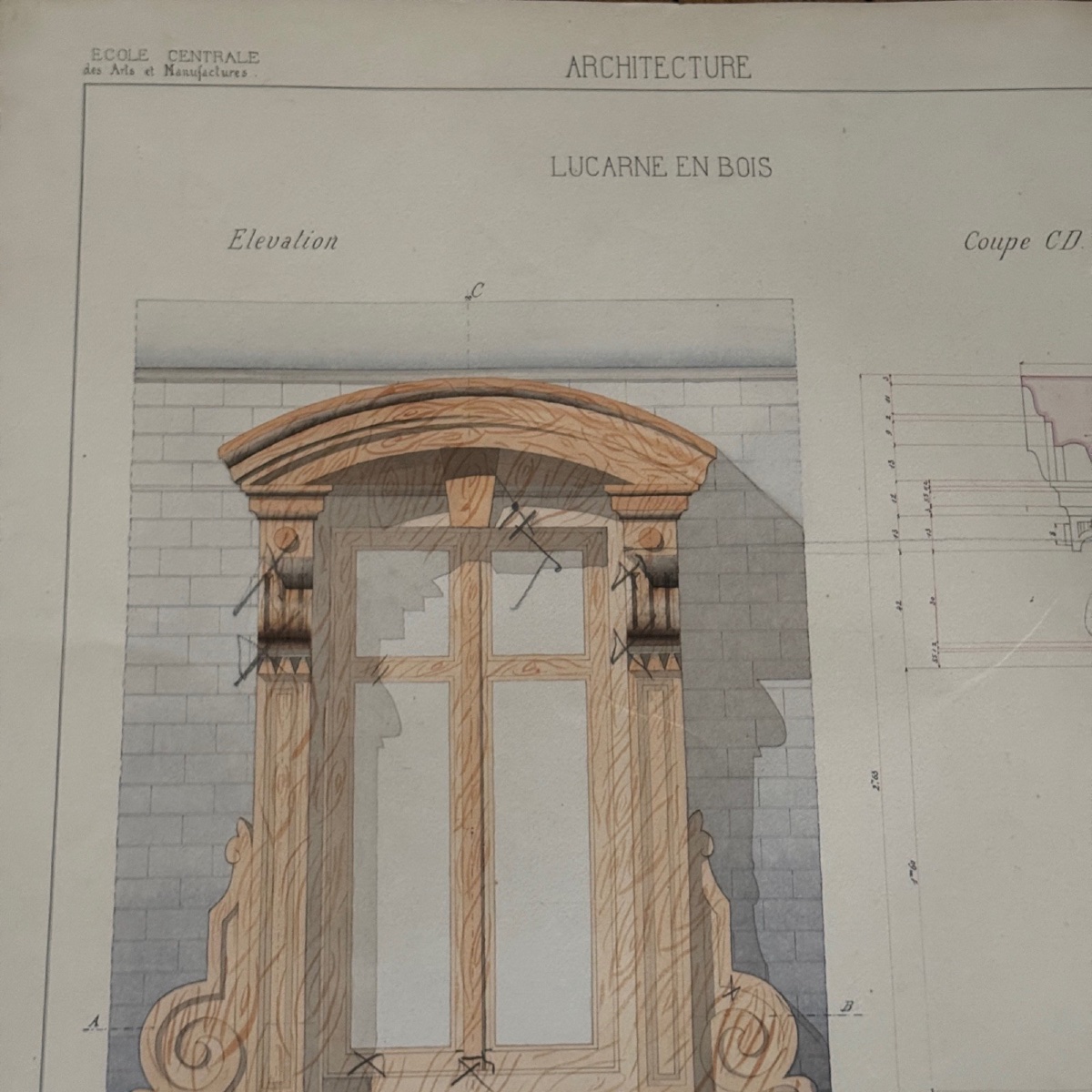 Dessin École Centrale des Arts et Manufactures Lucarne en bois J. Roche 