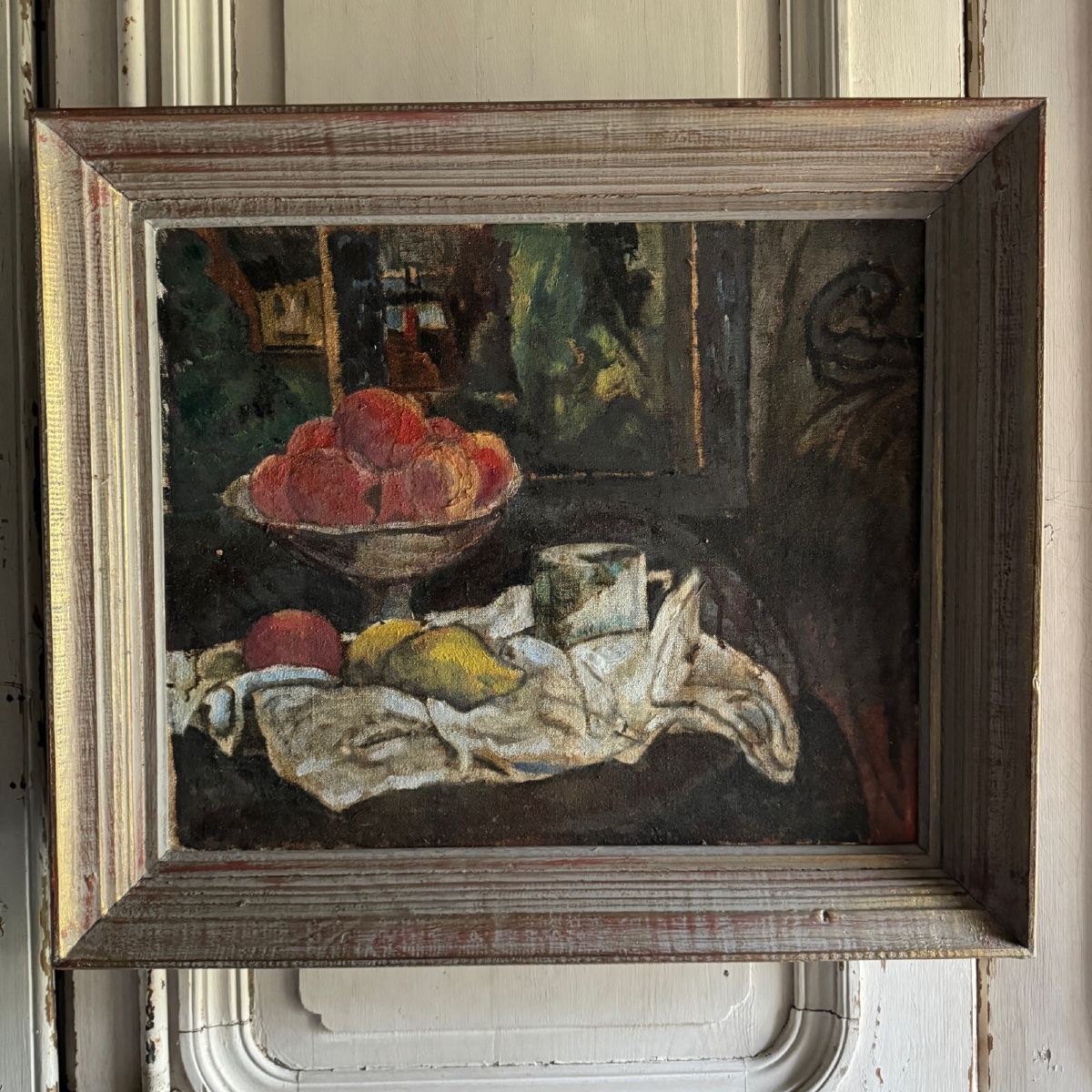 Oil On Canvas, 20th-century Still Life With Fruit And A Dish Towel, Whitewashed Frame, A5544-photo-2