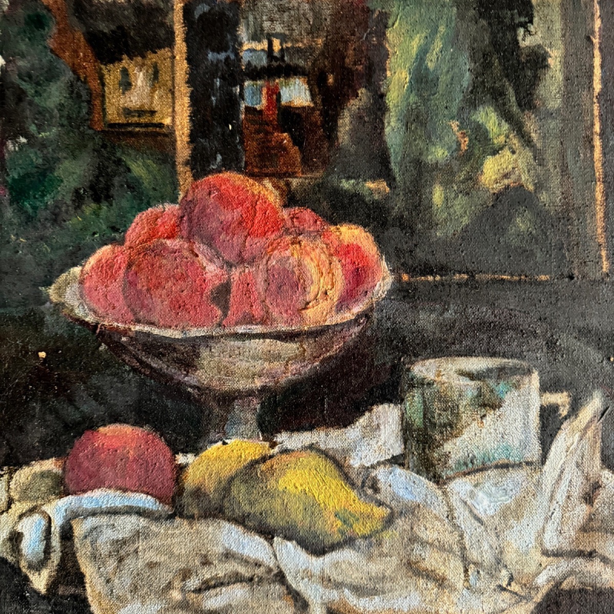 Oil On Canvas, 20th-century Still Life With Fruit And A Dish Towel, Whitewashed Frame, A5544-photo-3