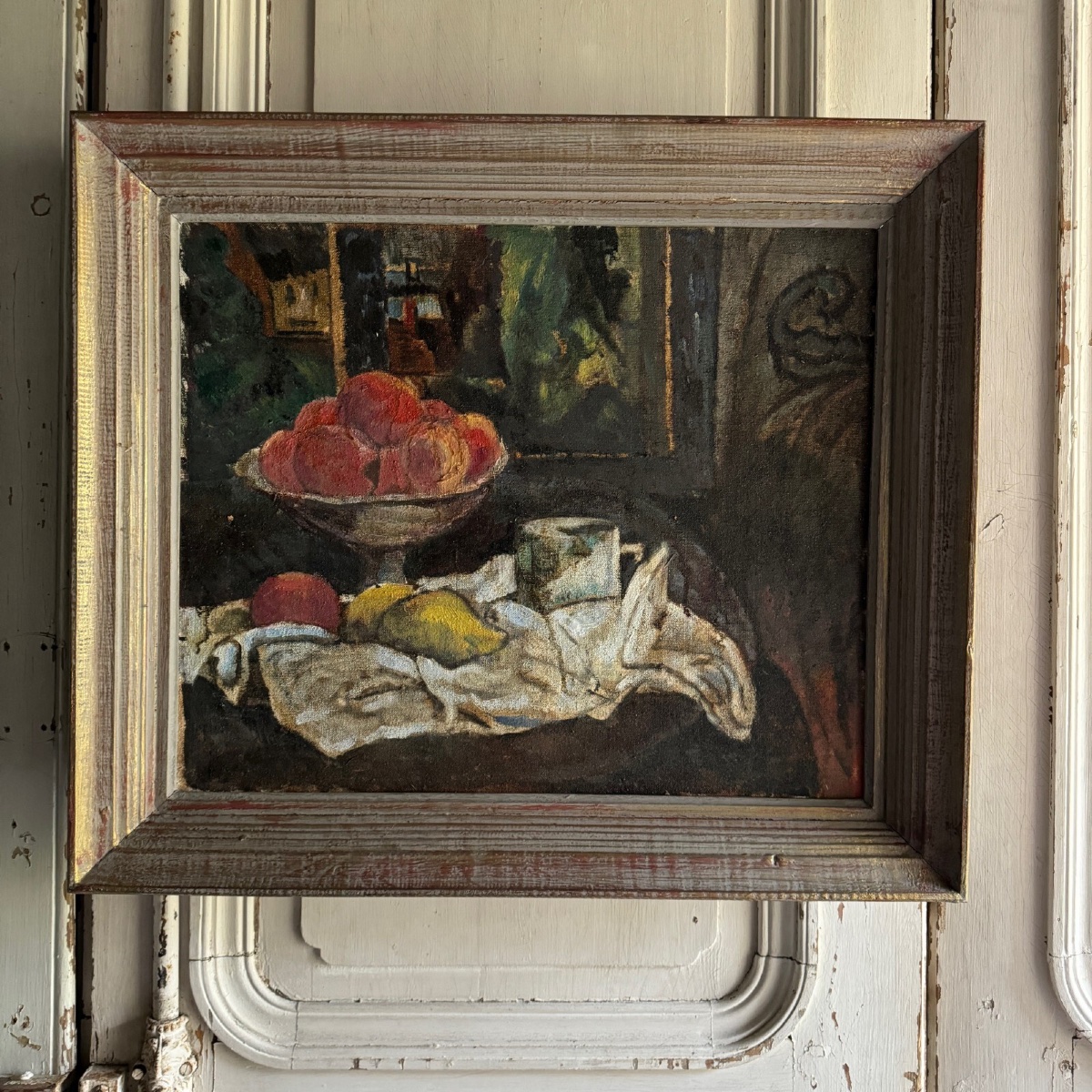 Oil On Canvas, 20th-century Still Life With Fruit And A Dish Towel, Whitewashed Frame, A5544