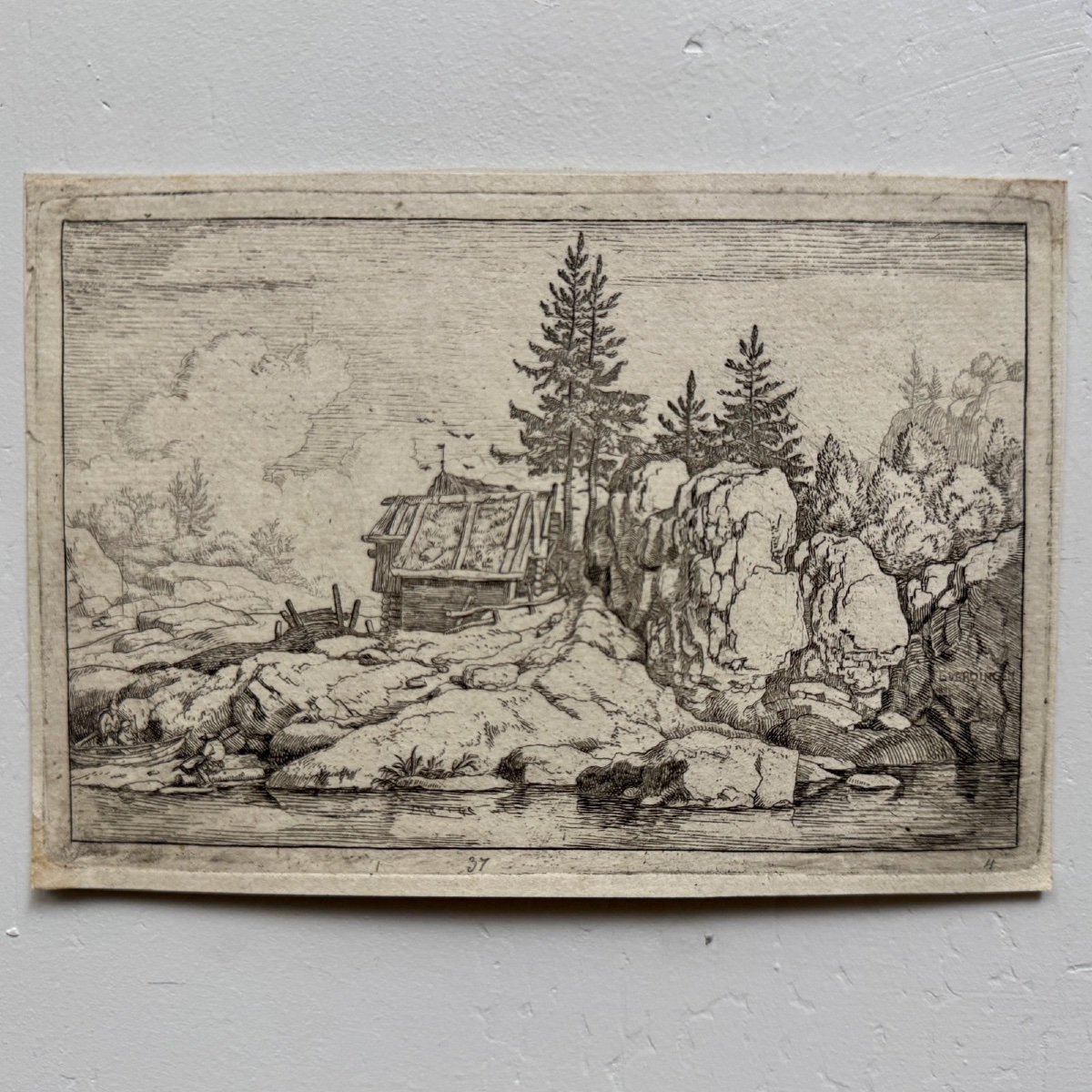 Gravure XVIIe Les Deux Pins près des Chaumières par Allart van Everdingen 