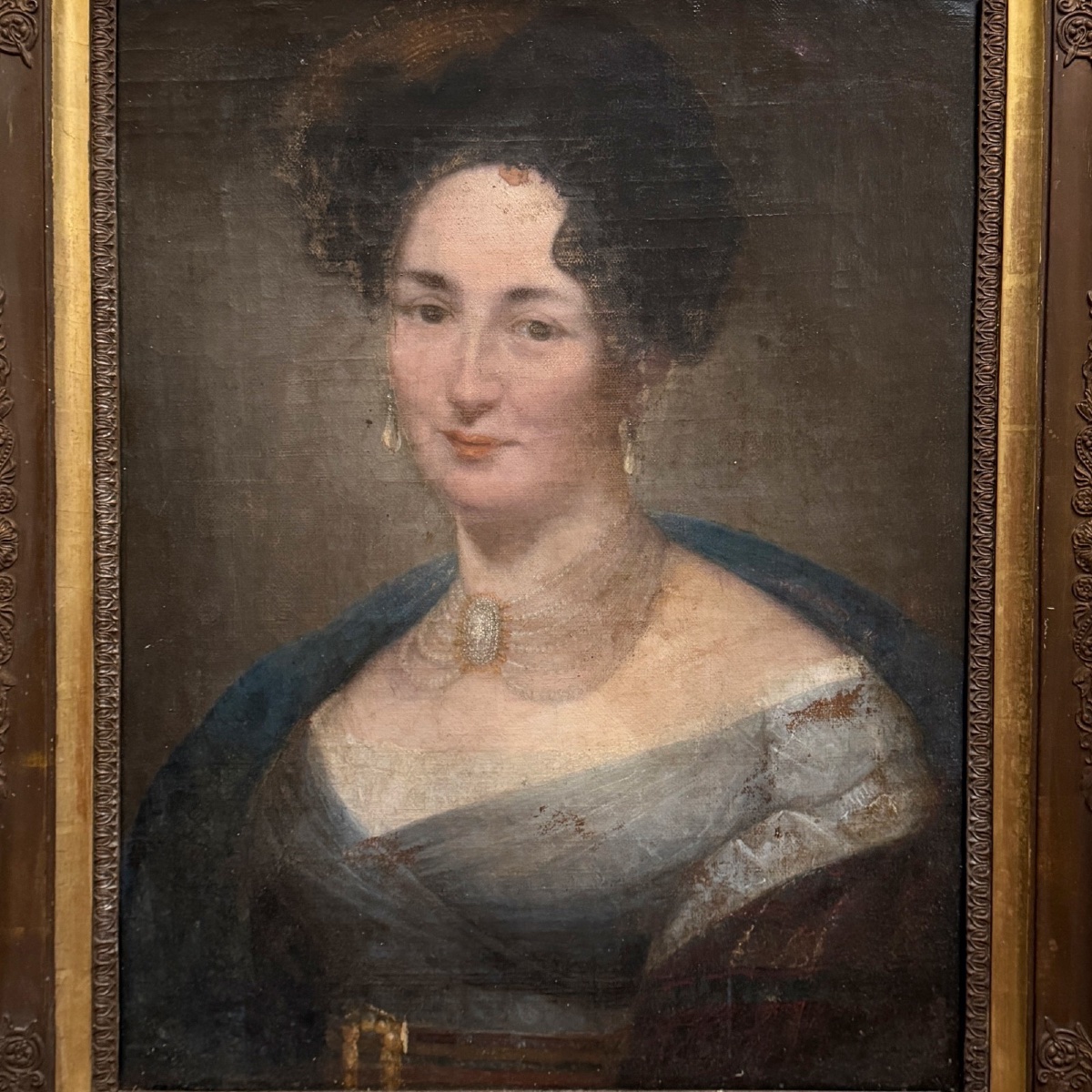 Huile sur toile portrait de femme Empire début XIXe cadre à palmettes -photo-3
