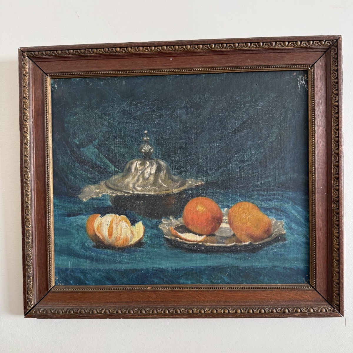 Huile sur toile nature morte aux oranges début XXe cadre en bois-photo-2