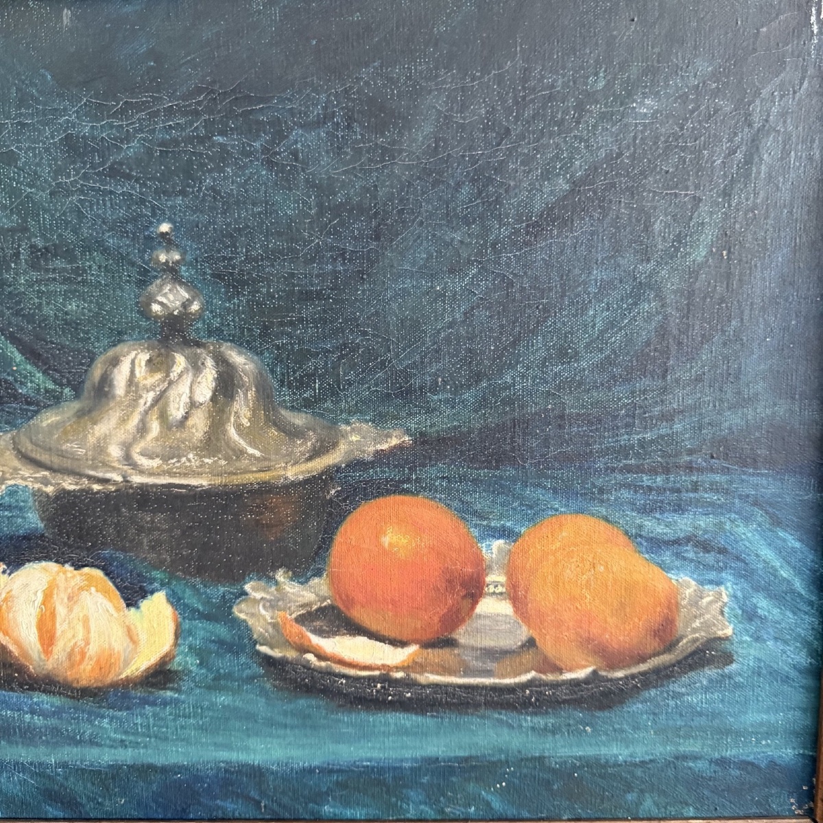 Huile sur toile nature morte aux oranges début XXe cadre en bois-photo-4