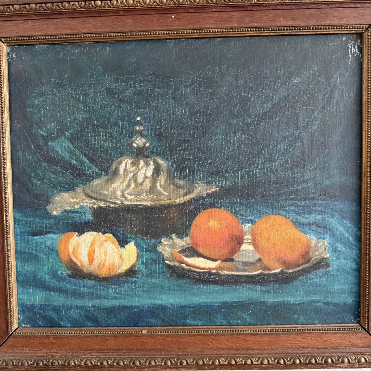 Huile sur toile nature morte aux oranges début XXe cadre en bois