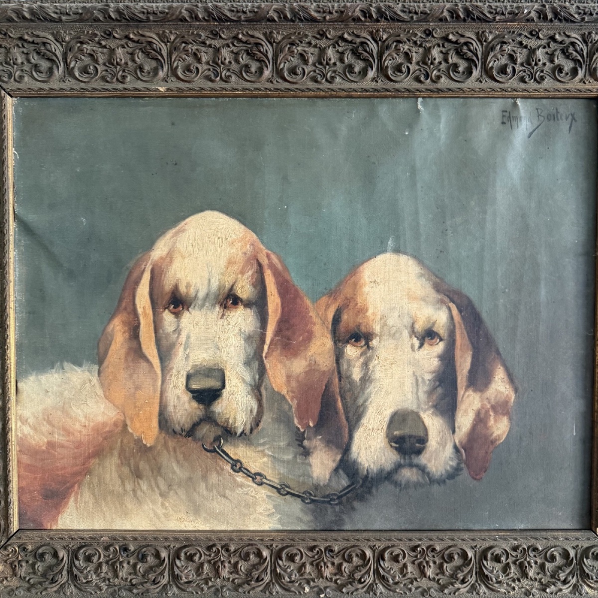 Oil On Canvas Portrait Of Two Beagles By Edmond Boiteux, 20th Century -photo-2