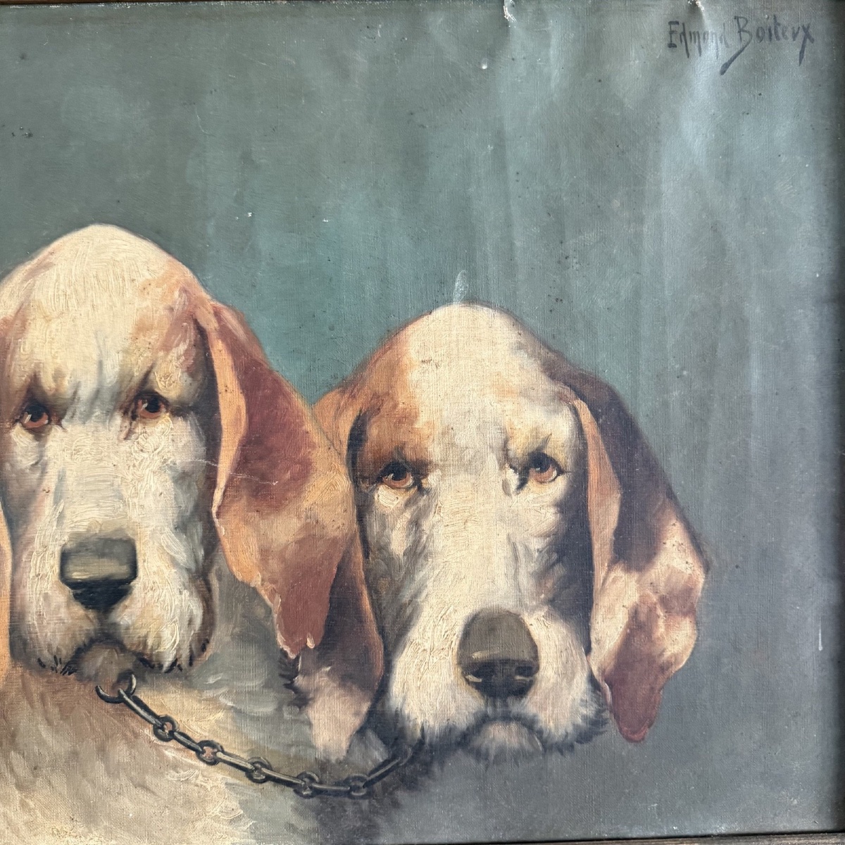 Oil On Canvas Portrait Of Two Beagles By Edmond Boiteux, 20th Century -photo-4