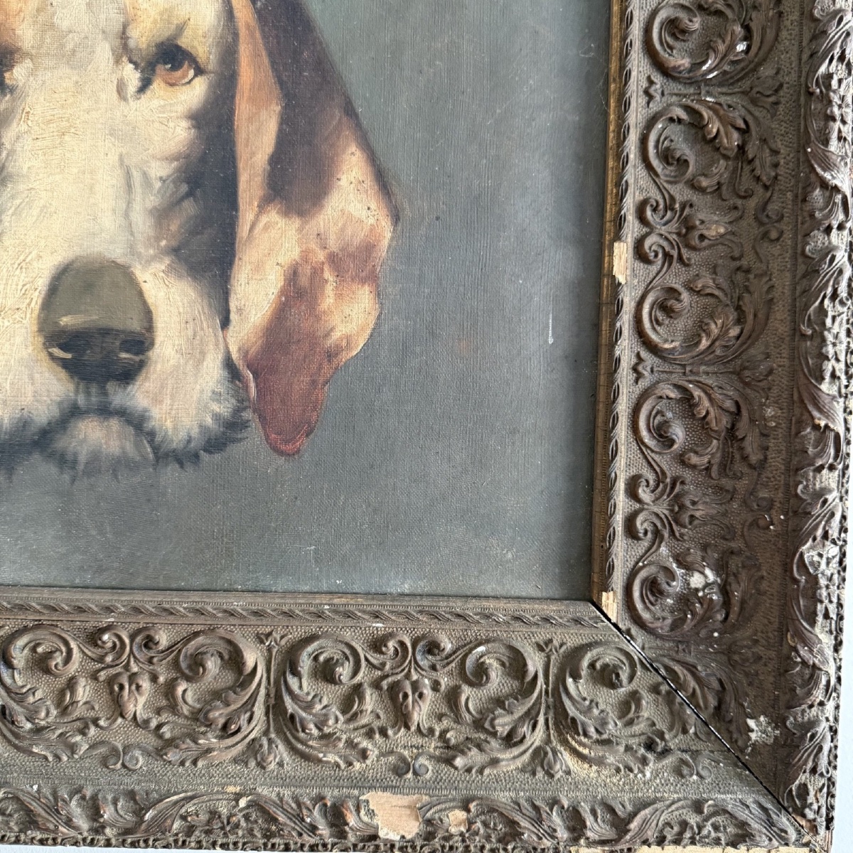 Oil On Canvas Portrait Of Two Beagles By Edmond Boiteux, 20th Century -photo-2