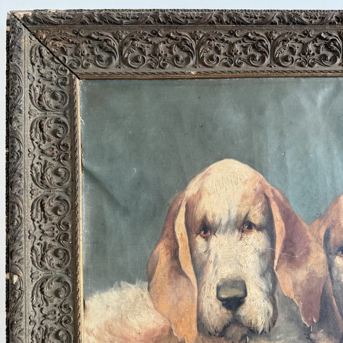 Oil On Canvas Portrait Of Two Beagles By Edmond Boiteux, 20th Century -photo-4