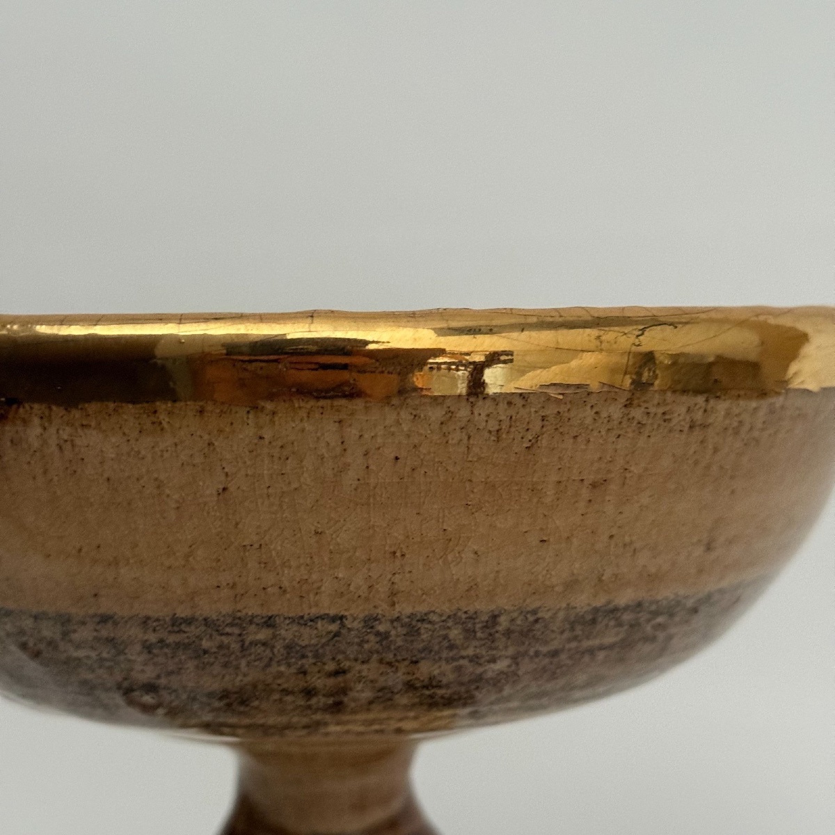 Large Ceramic Bowl On A Foot By Georges Pelletier, Signed In Gold Leaf -photo-1