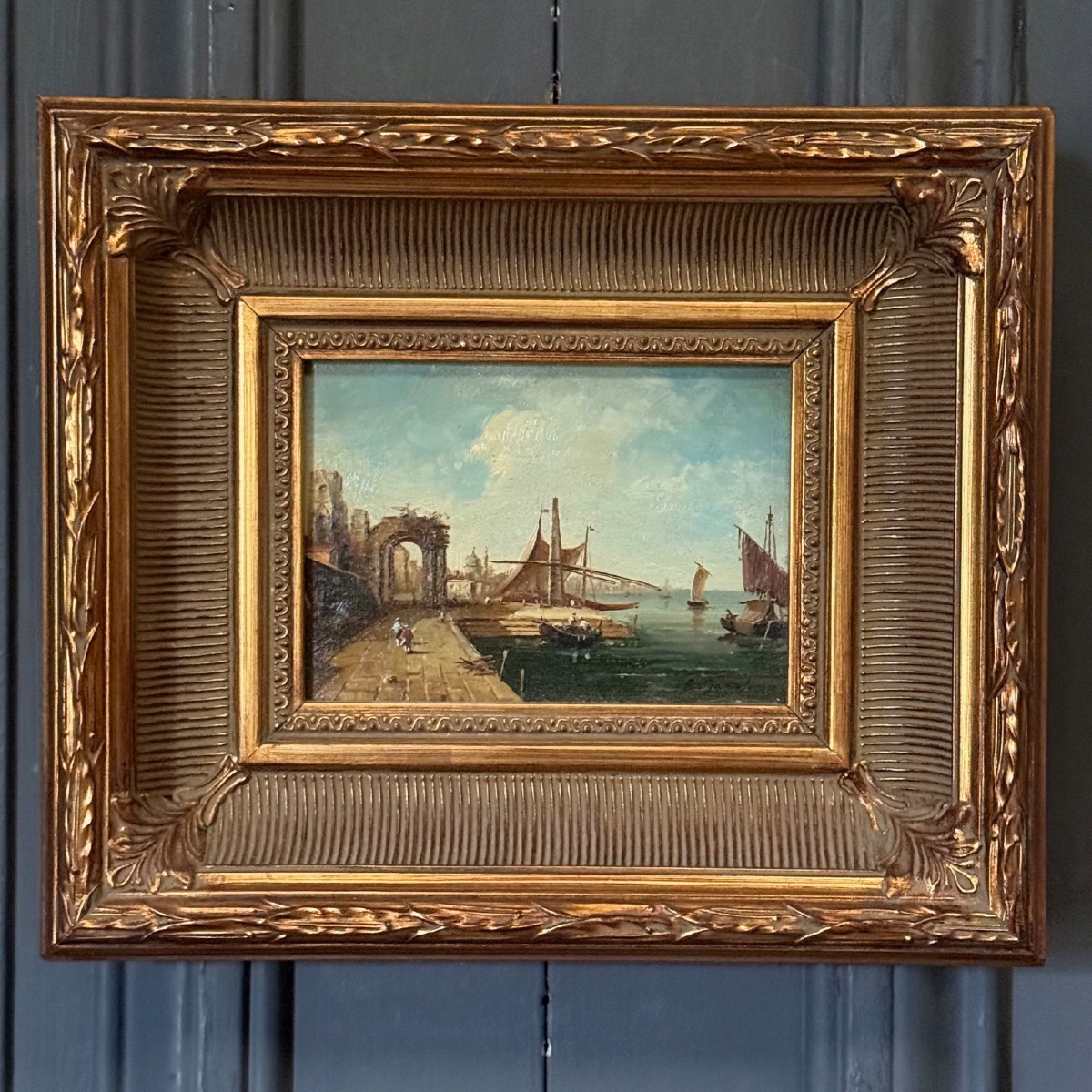Oil On Canvas, View Of Venice By E. Jacob, 20th Century -photo-2