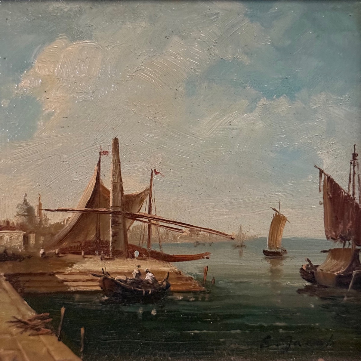 Oil On Canvas, View Of Venice By E. Jacob, 20th Century -photo-1