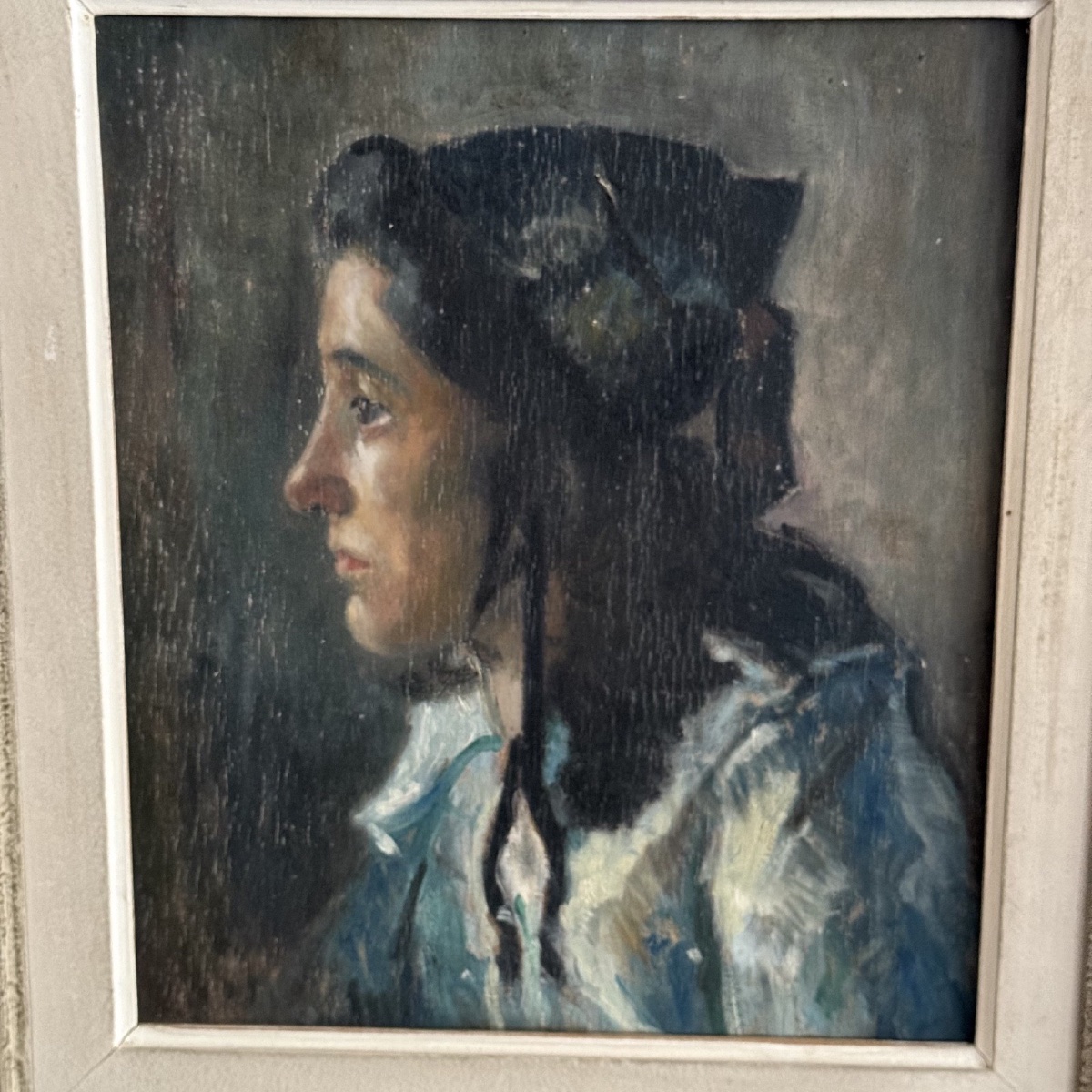 Huile sur panneau portrait de jeune fille à la coiffe début XXe-photo-2
