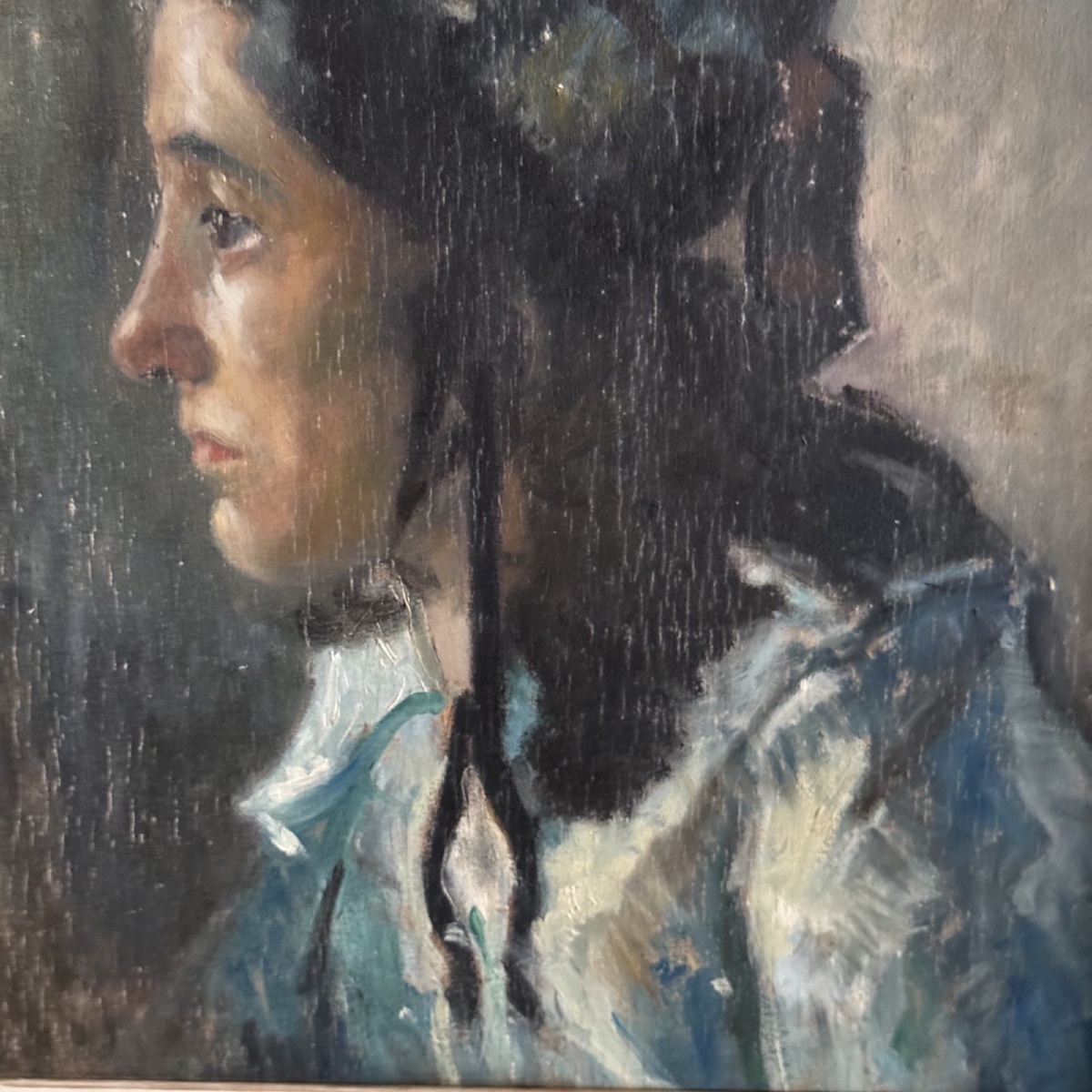 Huile sur panneau portrait de jeune fille à la coiffe début XXe-photo-1