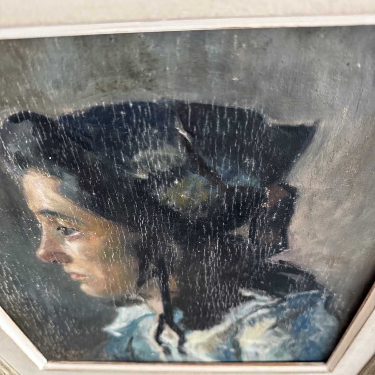 Huile sur panneau portrait de jeune fille à la coiffe début XXe-photo-2