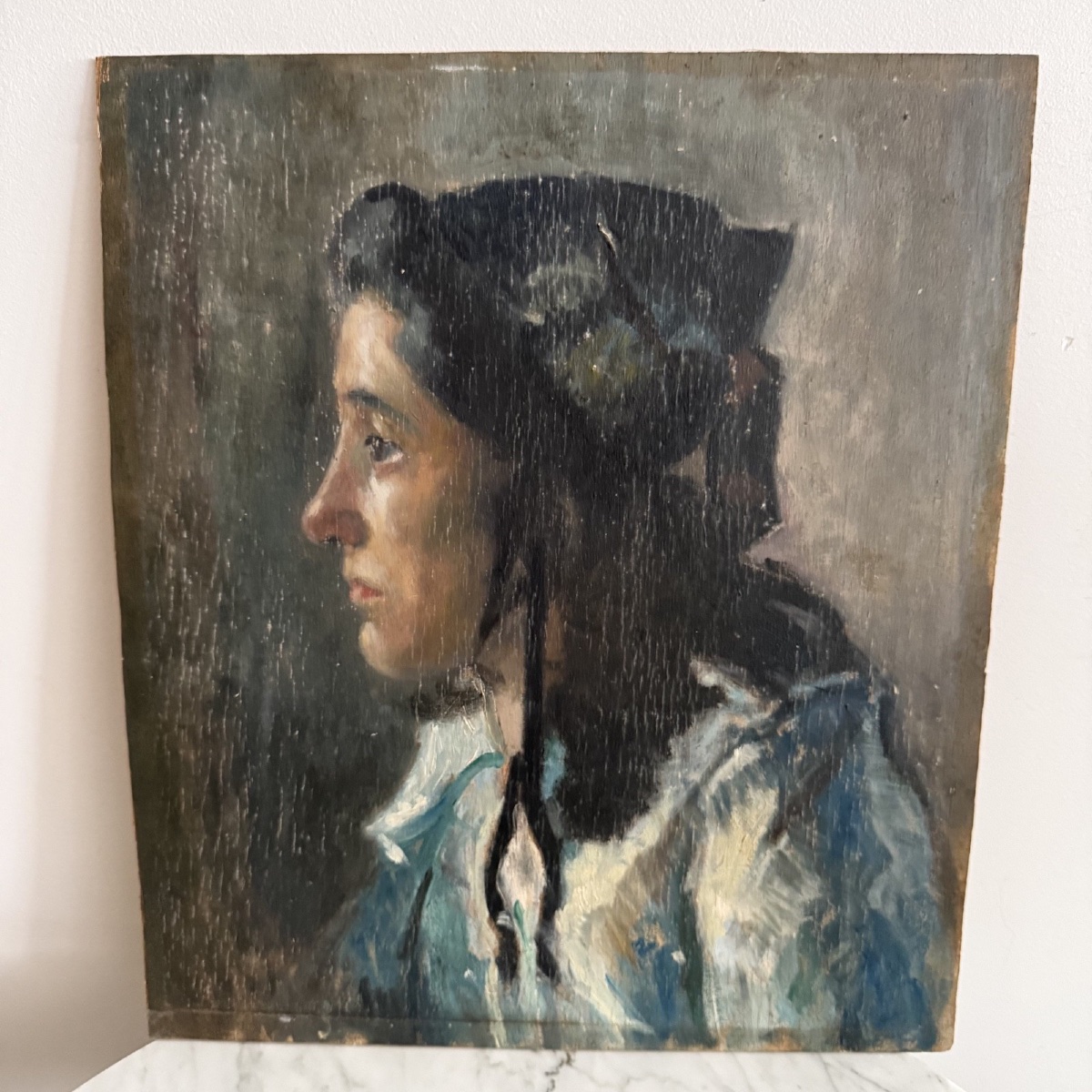 Huile sur panneau portrait de jeune fille à la coiffe début XXe-photo-3