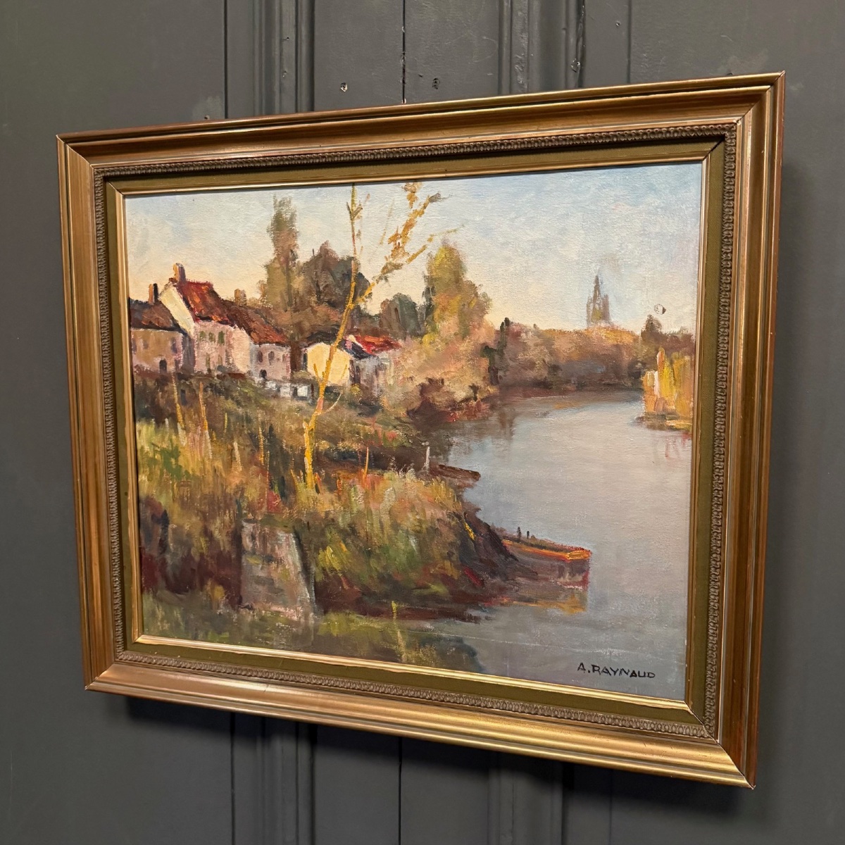 Huile sur toile par A. Raynaud la Charente à Lucerat près de Saintes XXe -photo-2