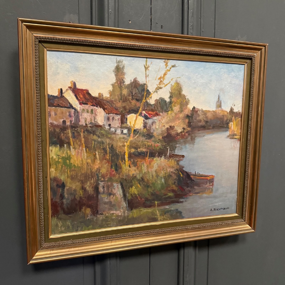 Huile sur toile par A. Raynaud la Charente à Lucerat près de Saintes XXe -photo-3